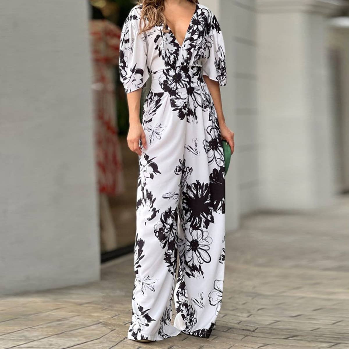 Printed bat-sleeved high-waisted jumpsuit