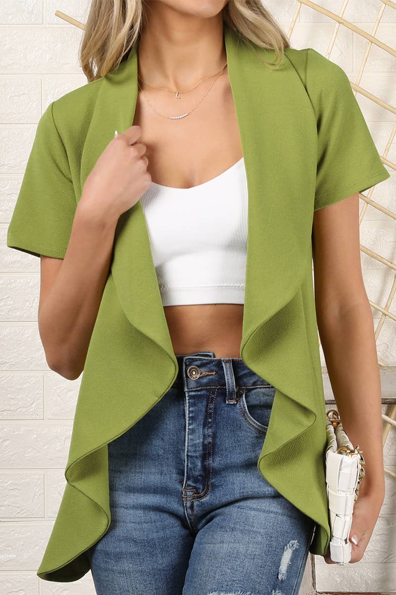 CWOBL095-P_Short Sleeve Open Front Draped Ruffles Blouses