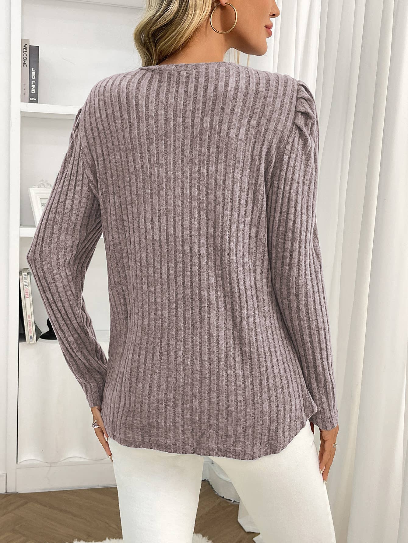 Round-neck puffed-sleeve brushed striped T-shirt