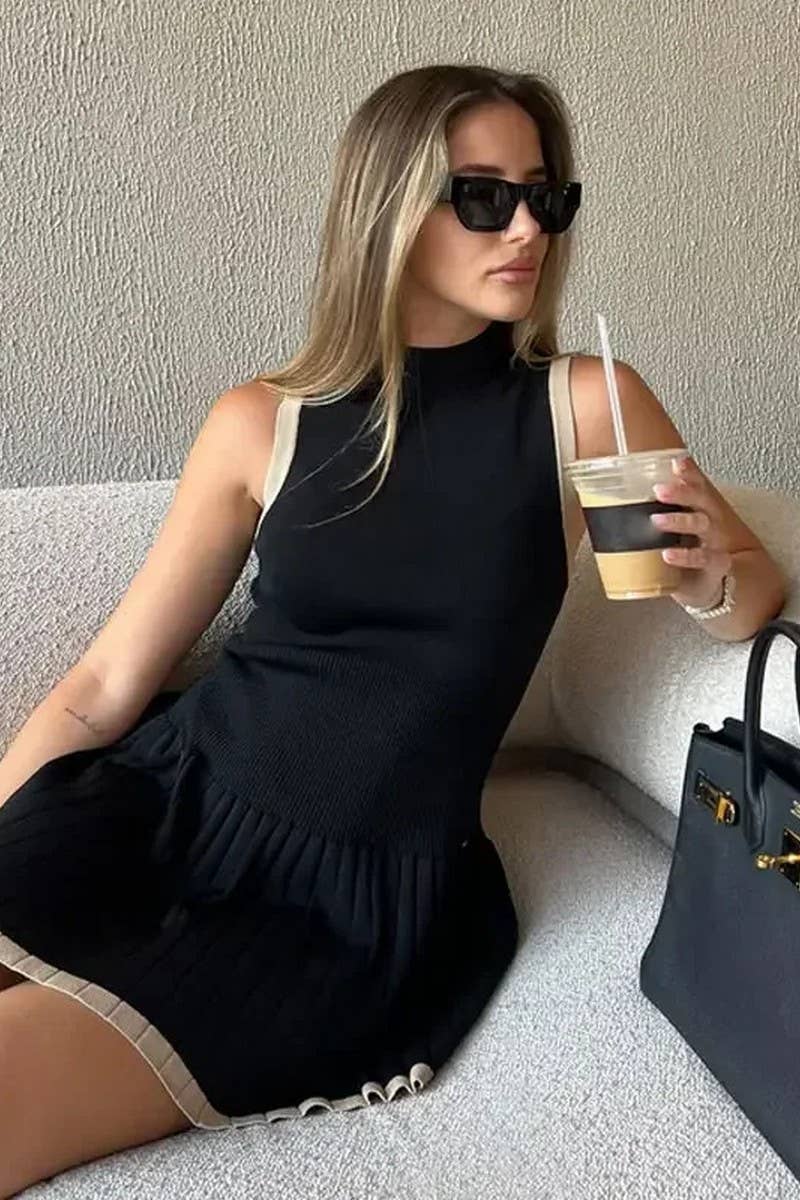 CWDSD6609_CREW NECK RUFFLED A-LINE KNIT MINI DRESS