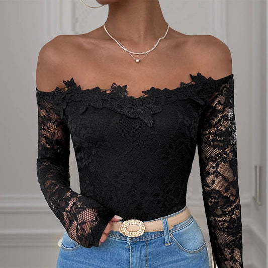 Elegant sexy lace patchwork solid color bodysuit