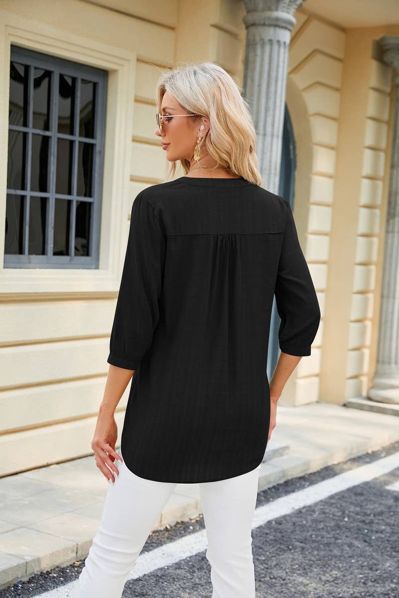 V NECK BUTTON UP T SHIRT_CWTSTS0283