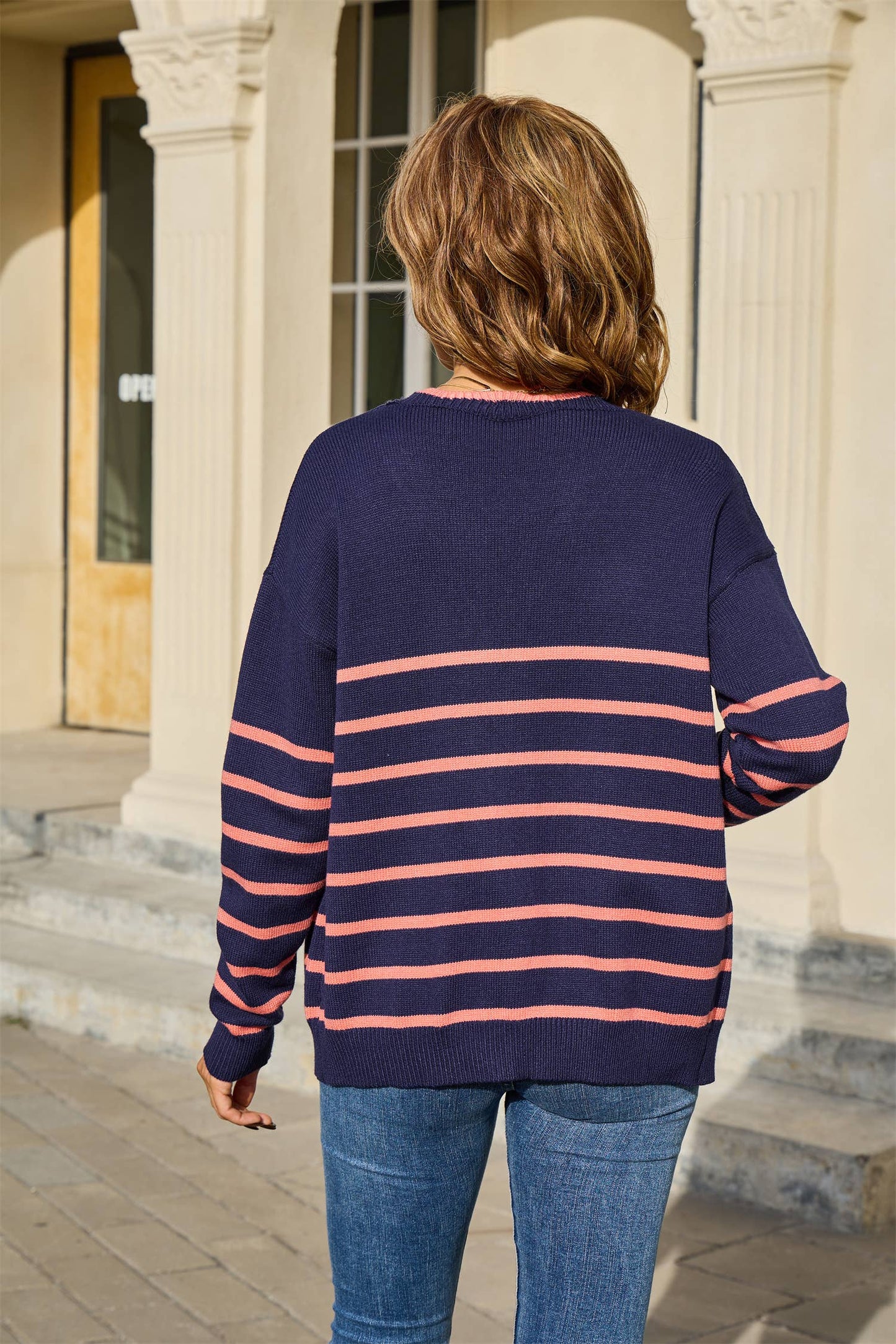 Striped color-blocked loose drawstring cardigan