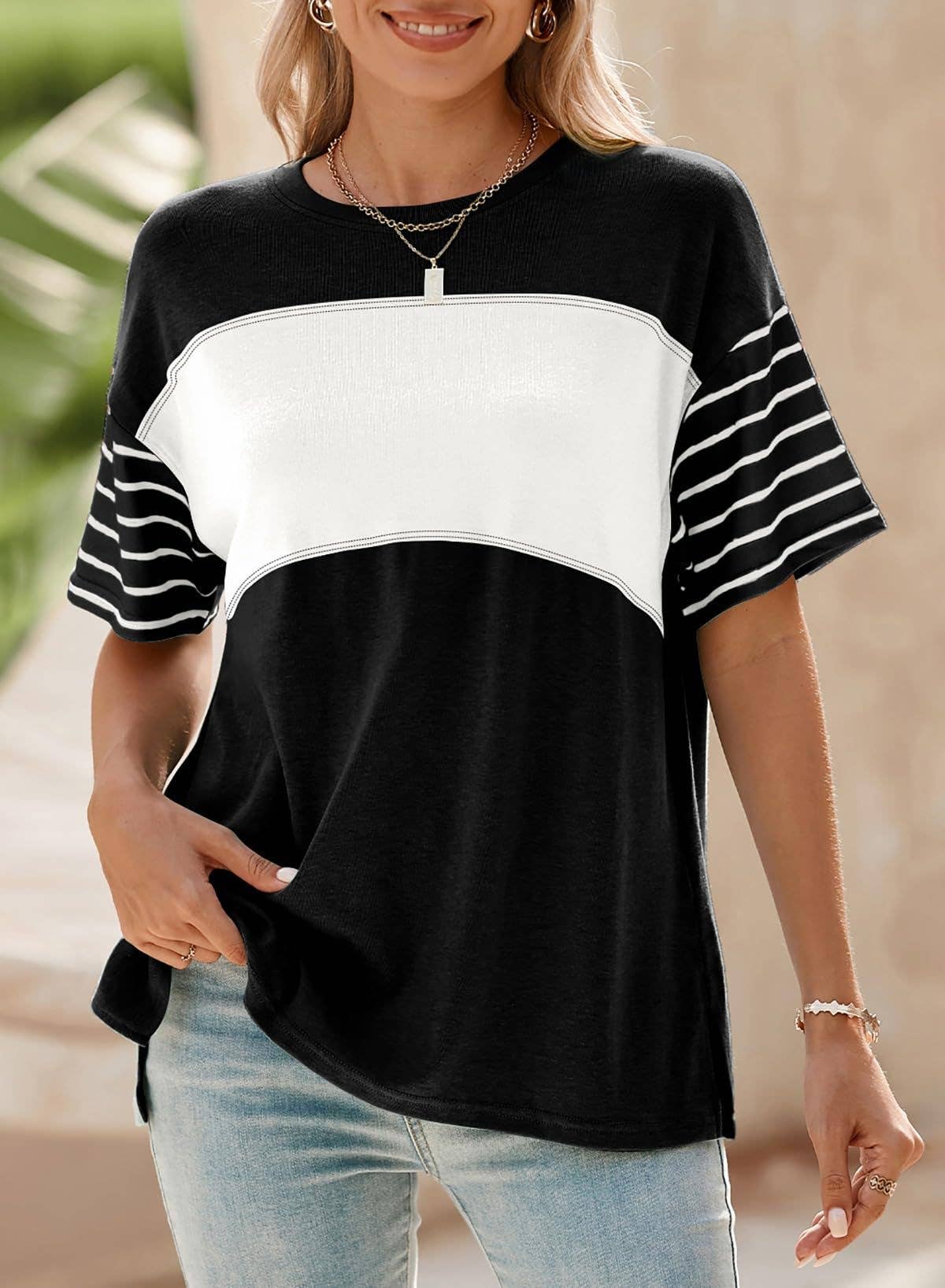 Women¡¯s colorblock striped crew neck tee