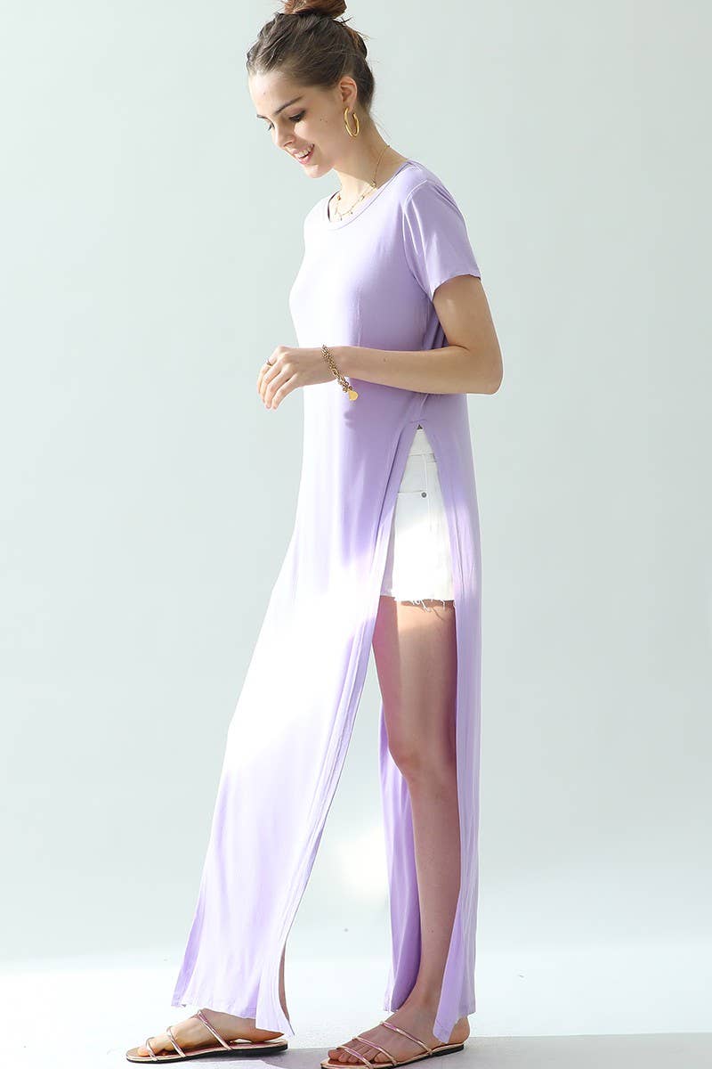 CWDMD824_ROUND NECK SHORT SLEEVE LONG DRESS WITH SLIT