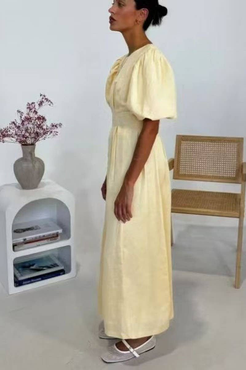 CWDMD6041_SOLID MAXI ELEGANT WAIST TIE SHORT SLEEVE DRESS