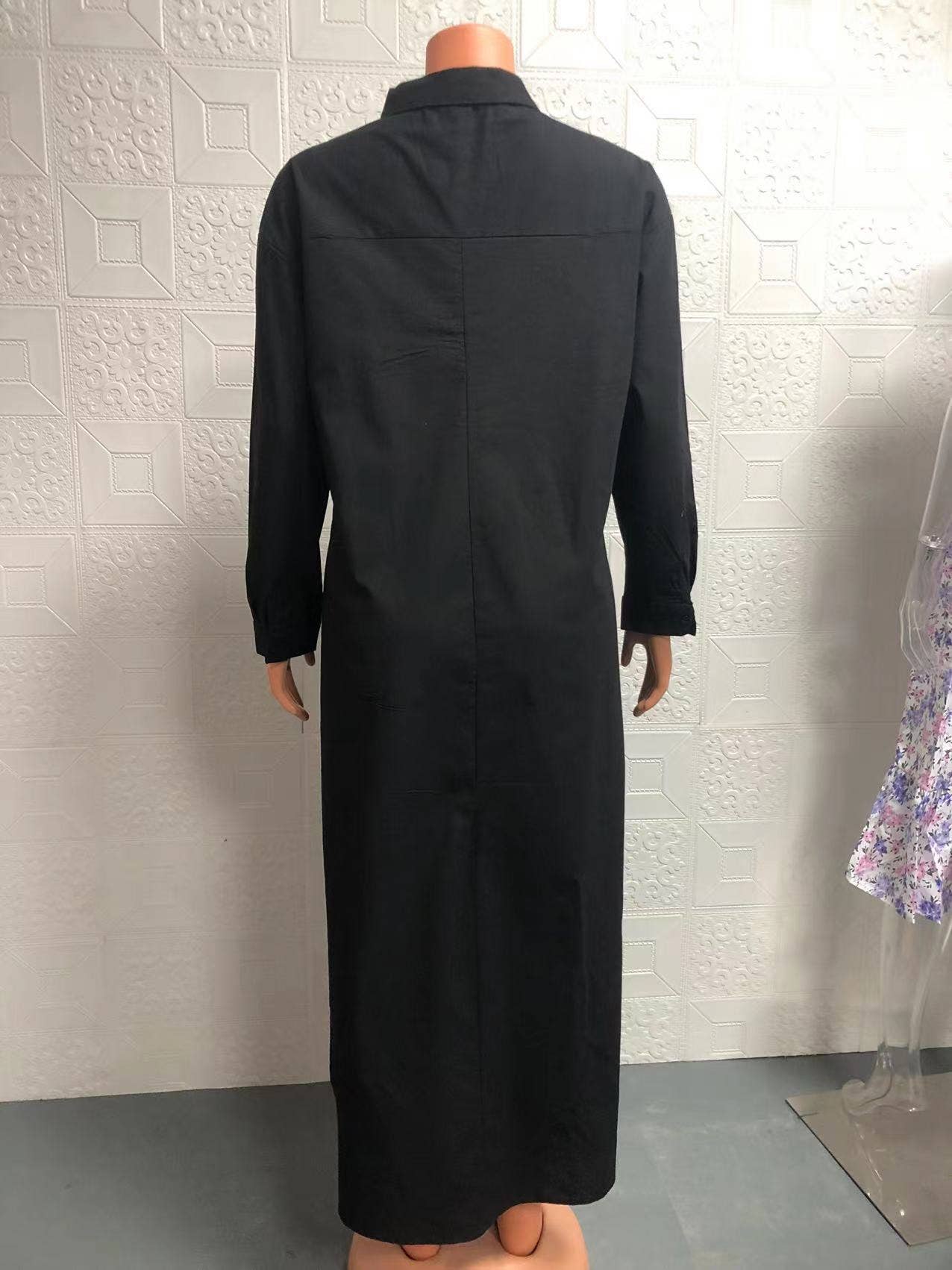 Retro long-sleeved lapel loose wide-hem dress