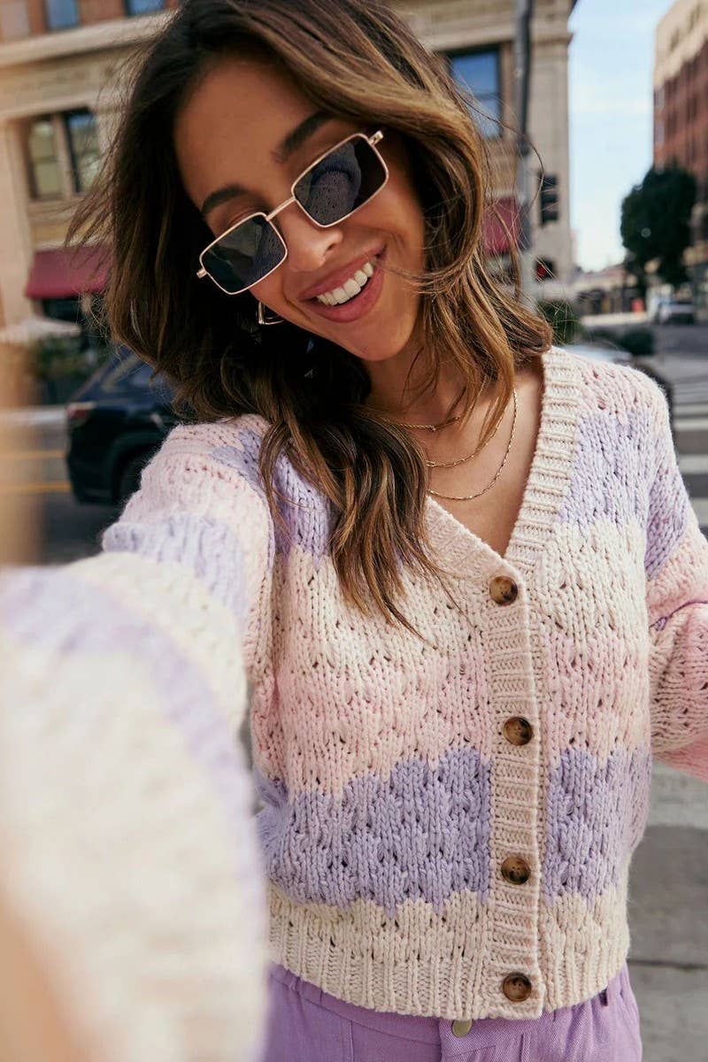 CWOCAL2358_COLORBLOCK V-NECK KNIT BUTTON CARDIGAN