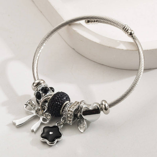 Silver Steel Bracelet with Bow & Flower Charms