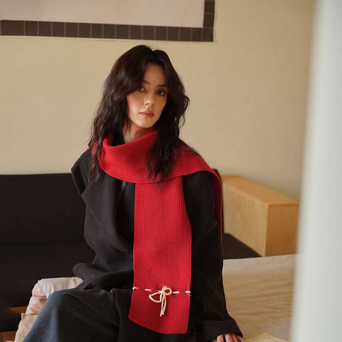 Bowknot woolen knitted solid color narrow scarf_CWASC2324