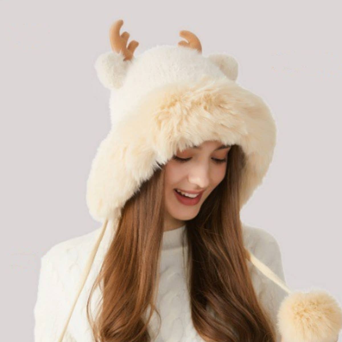 CWAH2209_WINTER CHRISTMAS ANTLER AND FLEECE KNITTED HAT