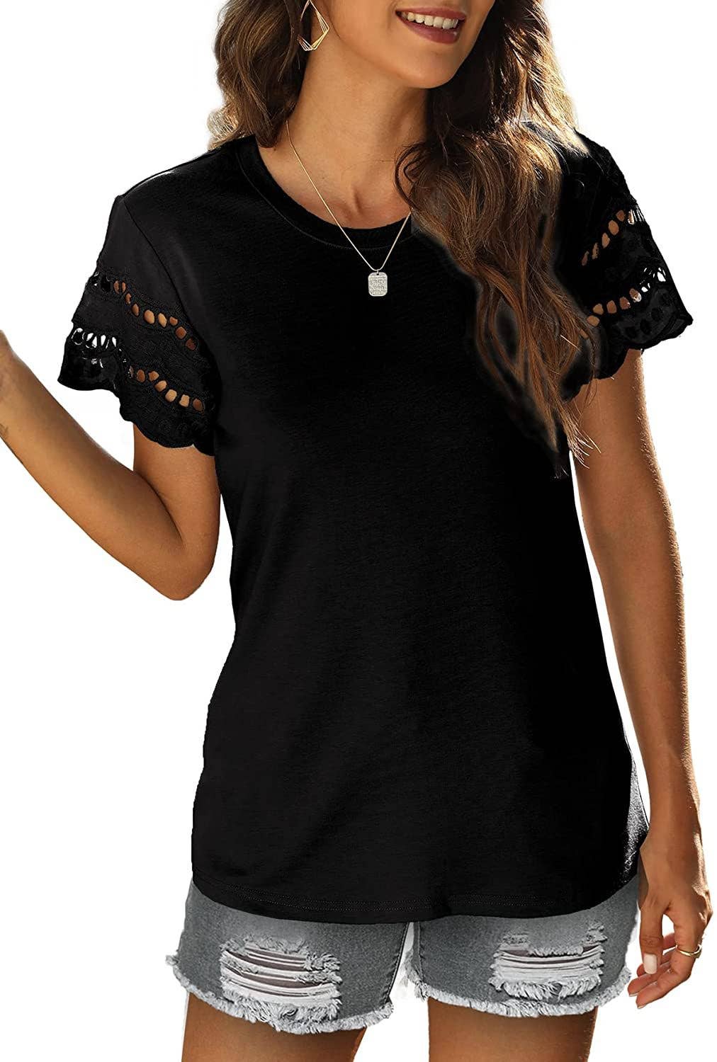 LACE PATCHWORK SHORT SLEEVE T-SHIRT CREW-NECK TOP