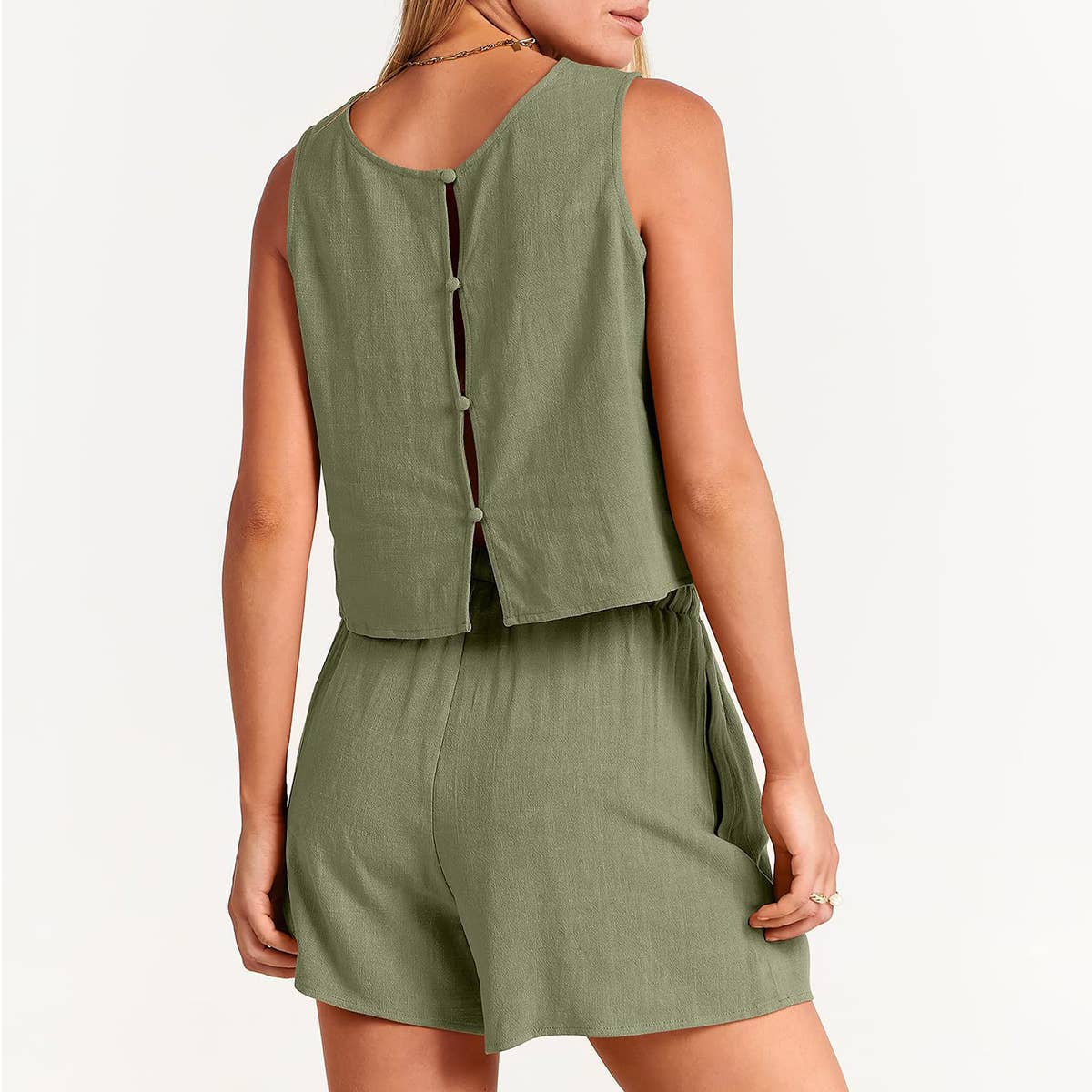 STYLISH SLEEVELESS BLOUSE SHORTS TWO PIECE SET_CWSTB0495