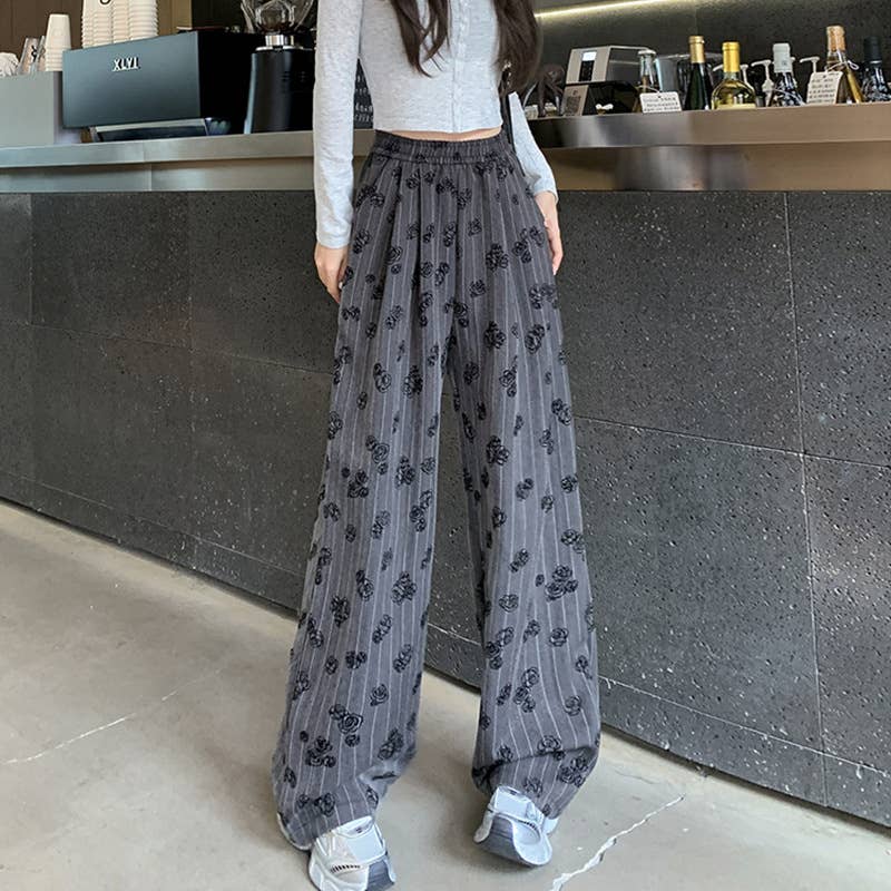 FLORAL PRINT ELASTIC WAIST STRAIGHT LEG PANTS