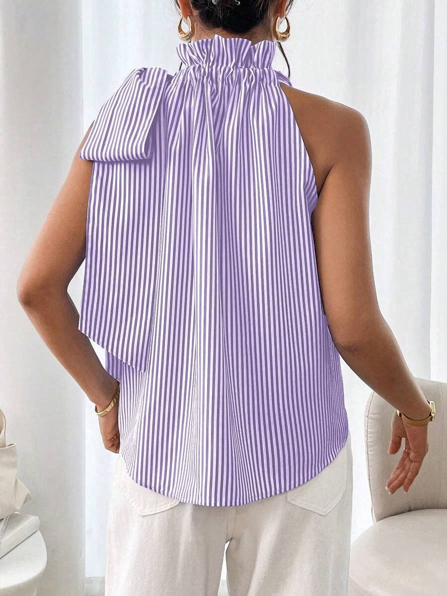 Fashion striped lace high-neck knot-tied T-shirt