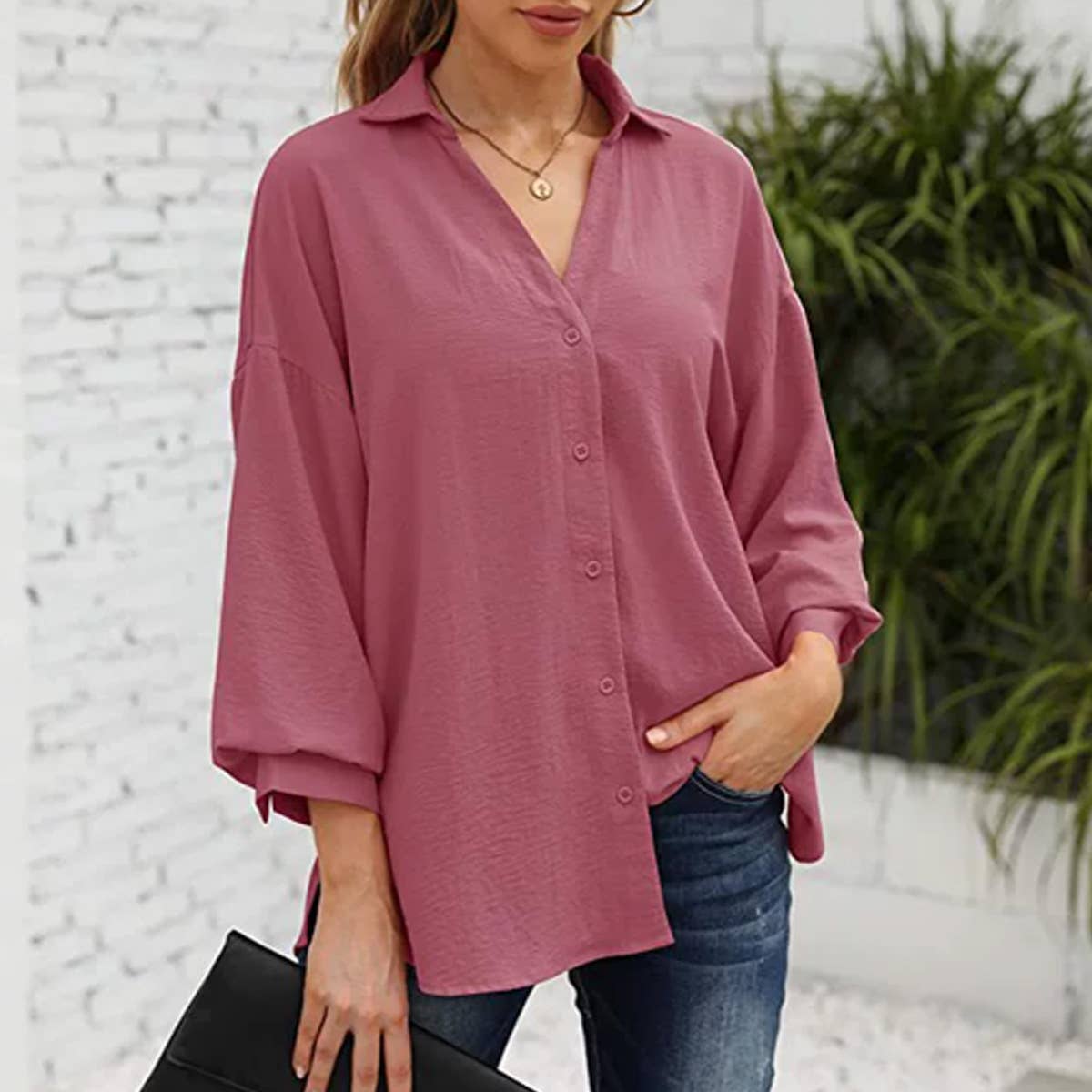 LANTERN SLEEVE BUTTON V-NECK CHIFFON CASUAL SHIRT