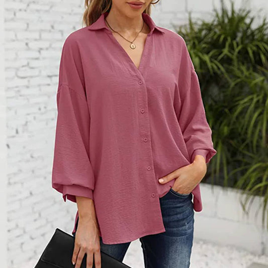 LANTERN SLEEVE BUTTON V-NECK CHIFFON CASUAL SHIRT