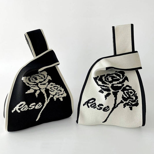 BLACK AND WHITE ROSE KNITTED SHOULDER TOTE BAG_CWAB1518