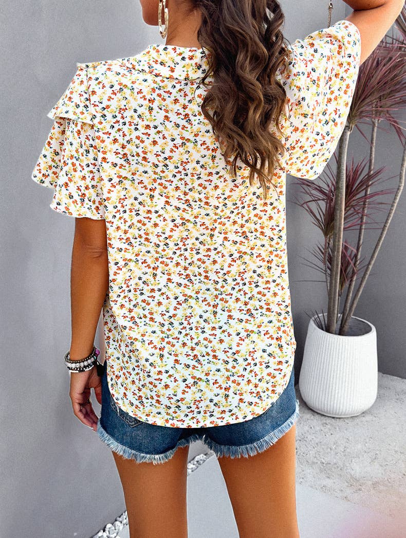 ELEGANT PRINTED FLORAL WOOD EAR BLOUSE