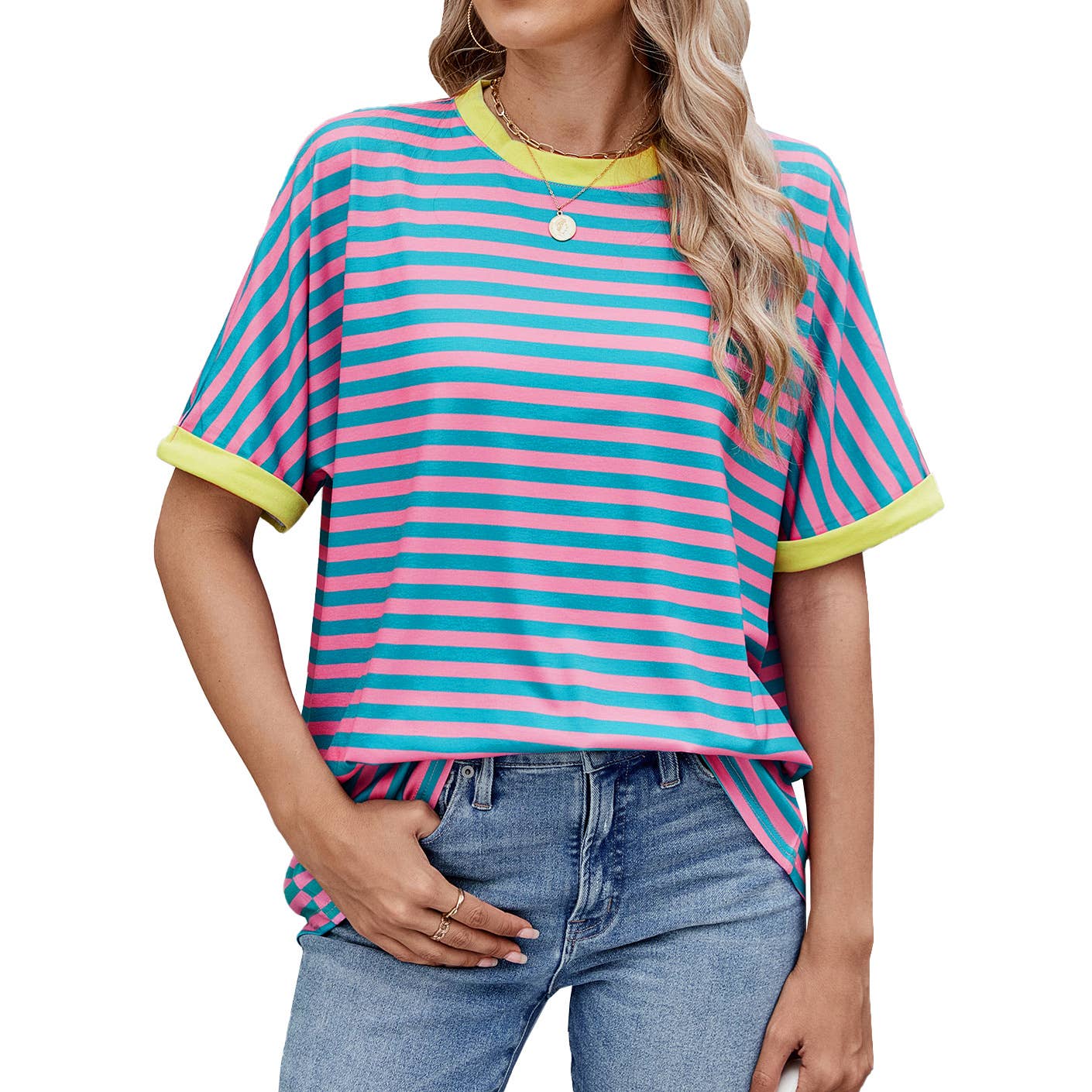 Round neck sleeved striped short-sleeved T-shirt