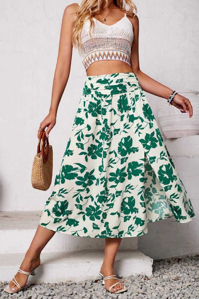 CWBMS0432_FLORAL RUCHED CASUAL SUMMER MIDI SKIRT