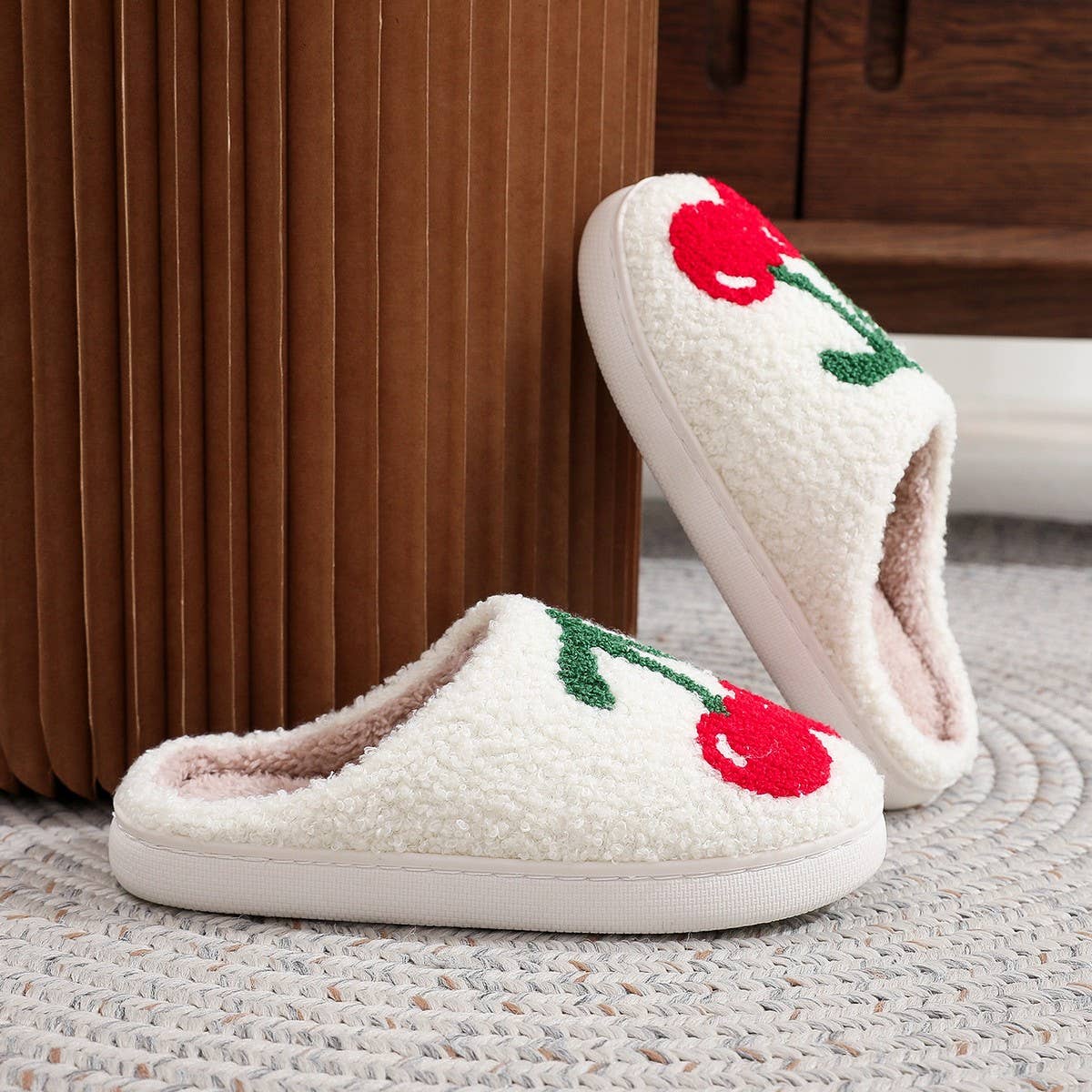 CUTE CHERRY EMBROIDERED COTTON SLIPPERS