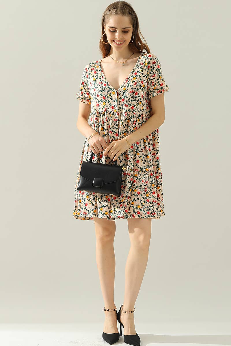 CWDSD10410_V NECK BUTTON DOWN WITH RUFFLE SLEEVE DRESS