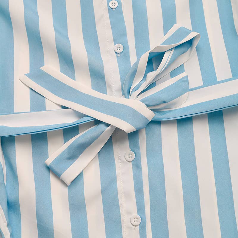 Striped tie-neck v-neck shirt