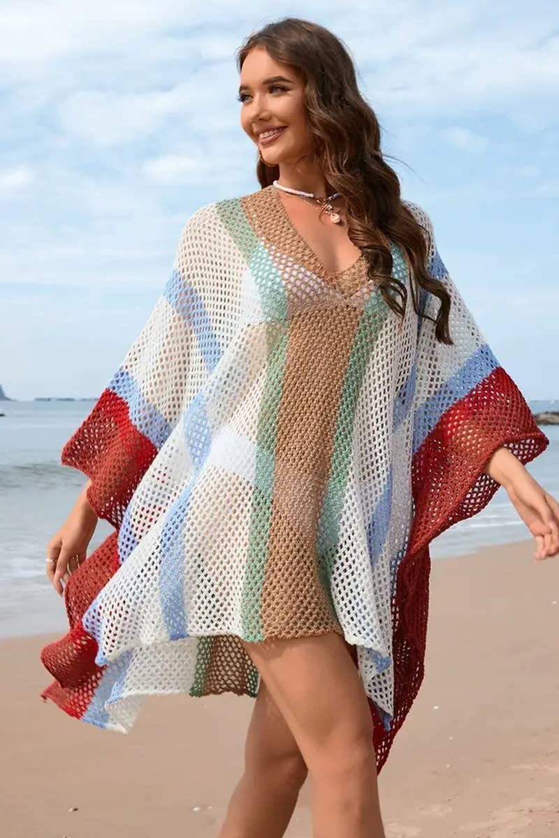 CWDSD7357_SPLICED   HOLLOW BEACH DRESS LOOSE BIKINI COVER UP