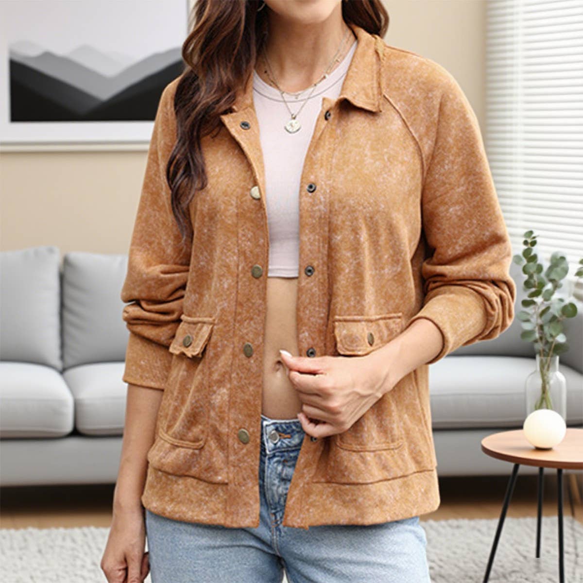 Vintage washed woolen coat with folded collar