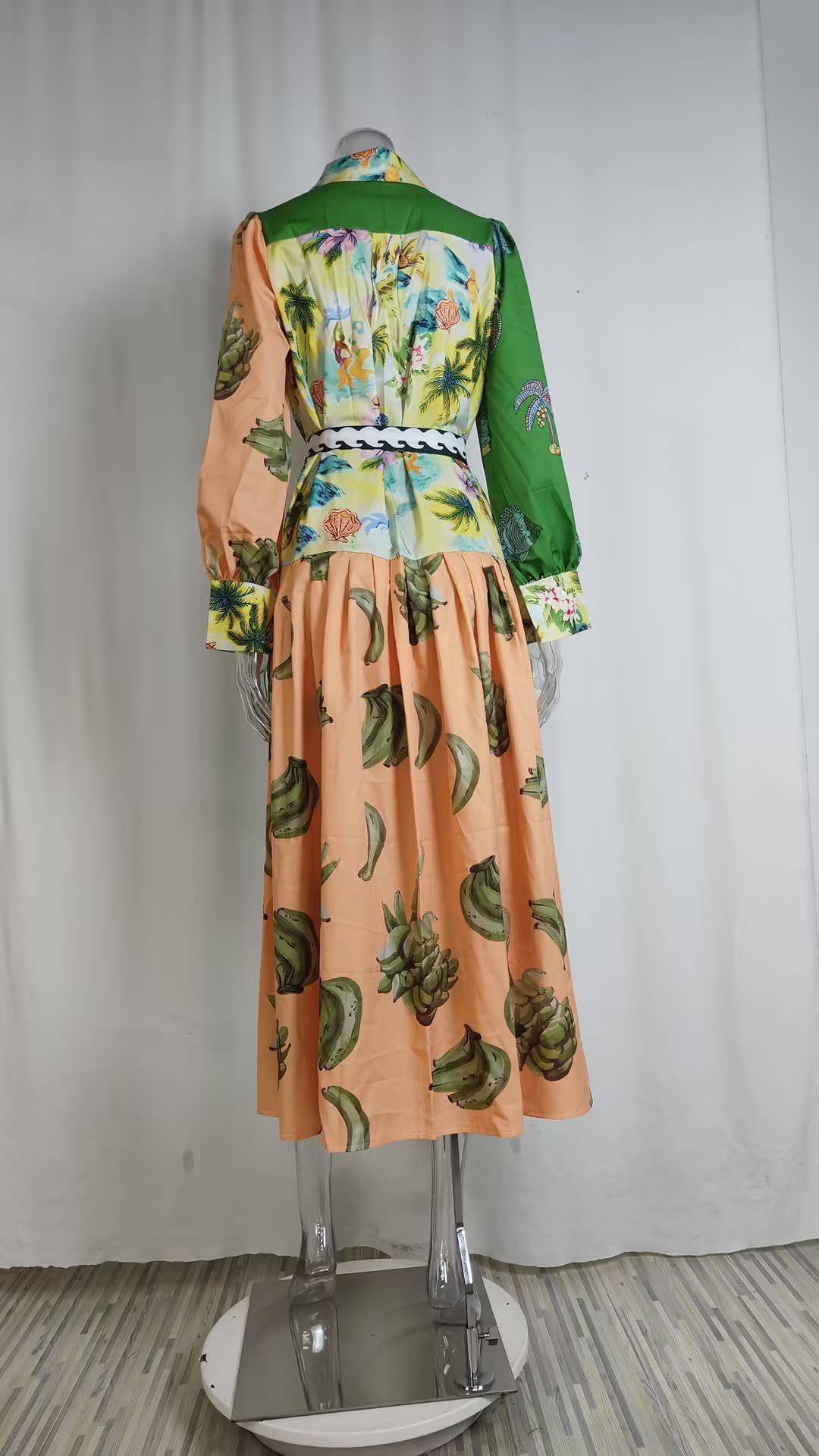 LANTERN SLEEVE PRINTED LAPEL LONG-SLEEVED DRESS