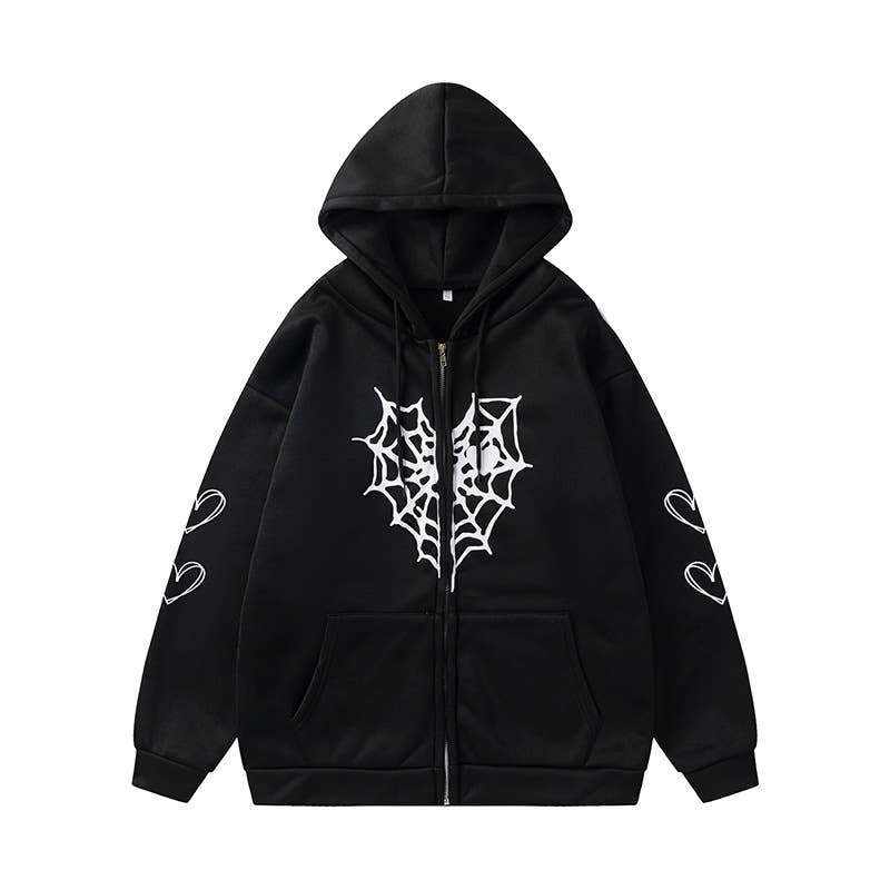 SPIDER WEB HEART ZIPPER FLEECE HOODED CARDIGAN