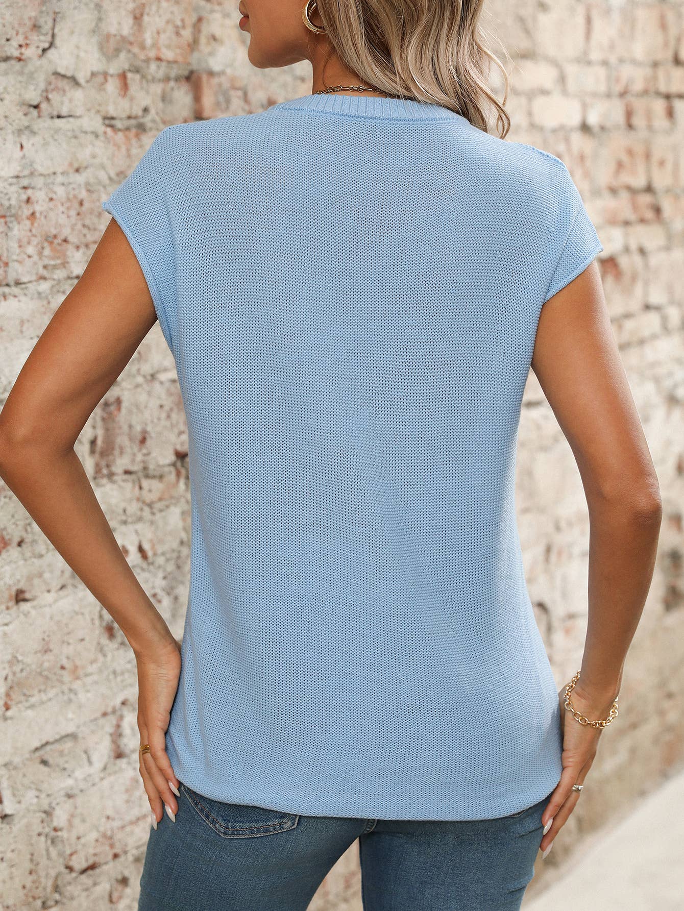 V-neck solid color knitted translucent sweater