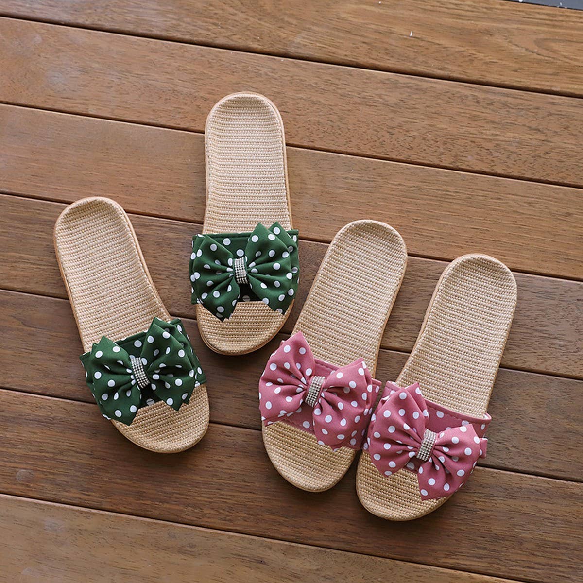 Bow Linen Summer Slippers Soft Sole, Breathable_CWSHF0188