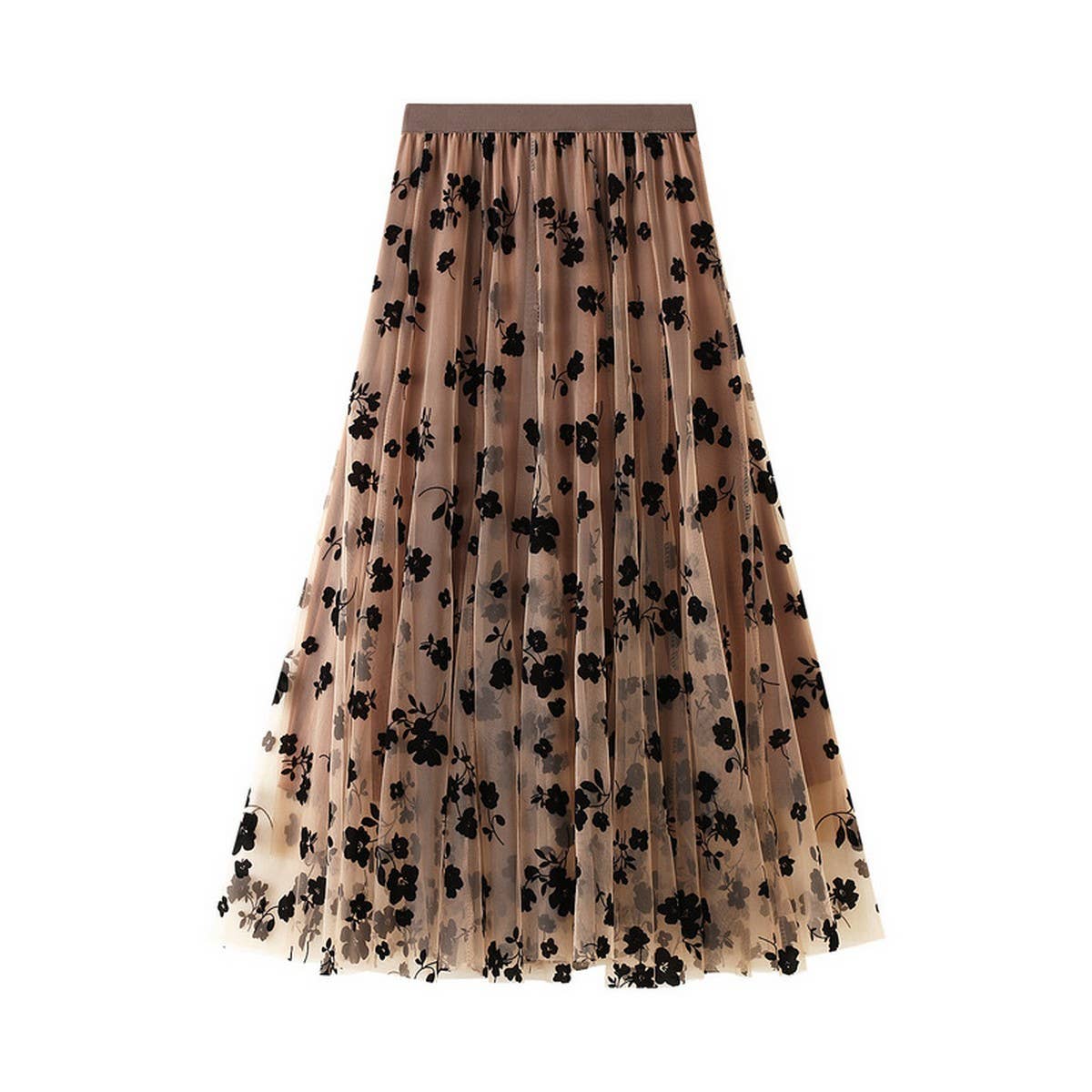 Flocked Tulle Pleated Slim Fit Midi Skirt