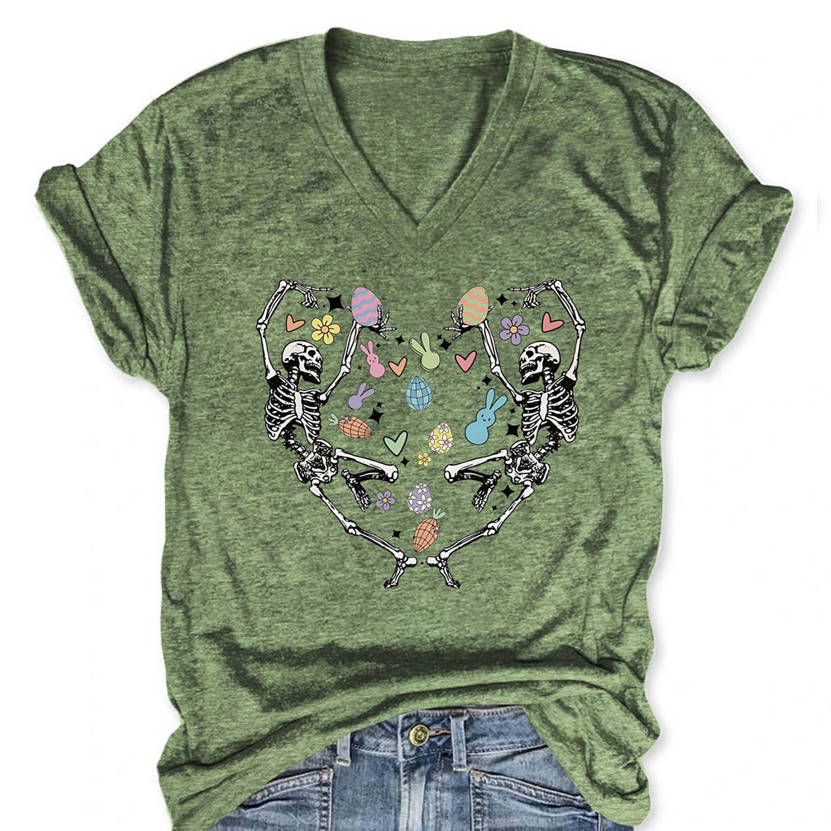 EASTER FUN PRINTED SKULL PERSONALITY VNECK TEES_CWTTS0868
