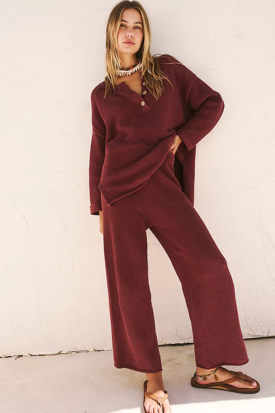 KNIT V-NECK BLOUSE AND SLACKS TWO-PIECE SET