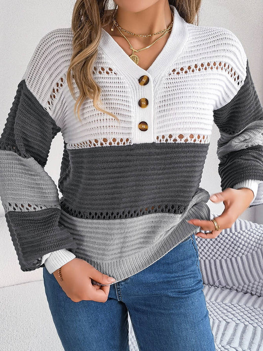 V-neck color-blocked lantern sleeve sweater