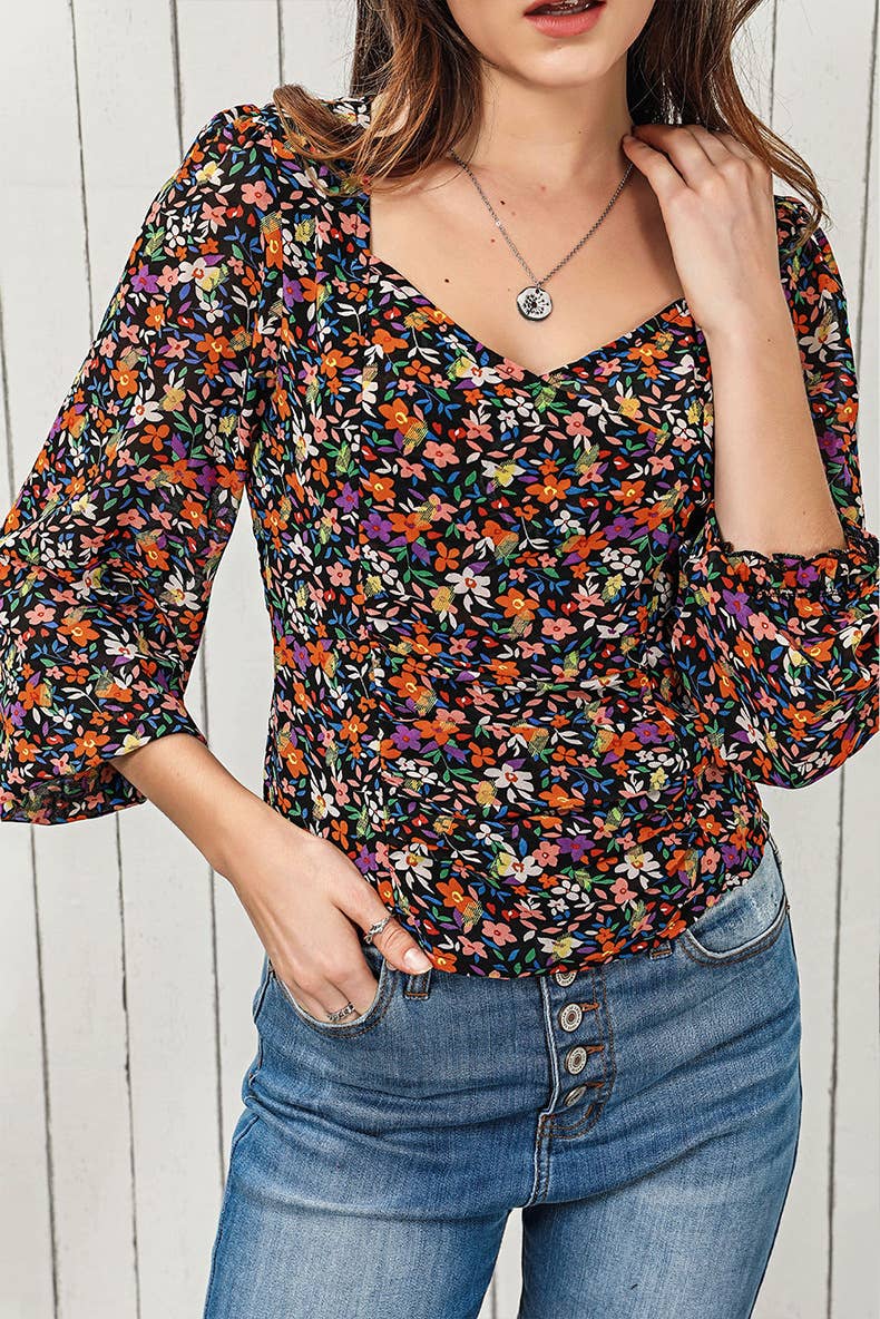 THIN SWEET PULLOVER V-NECK PUFFY SLEEVE CHIFFON