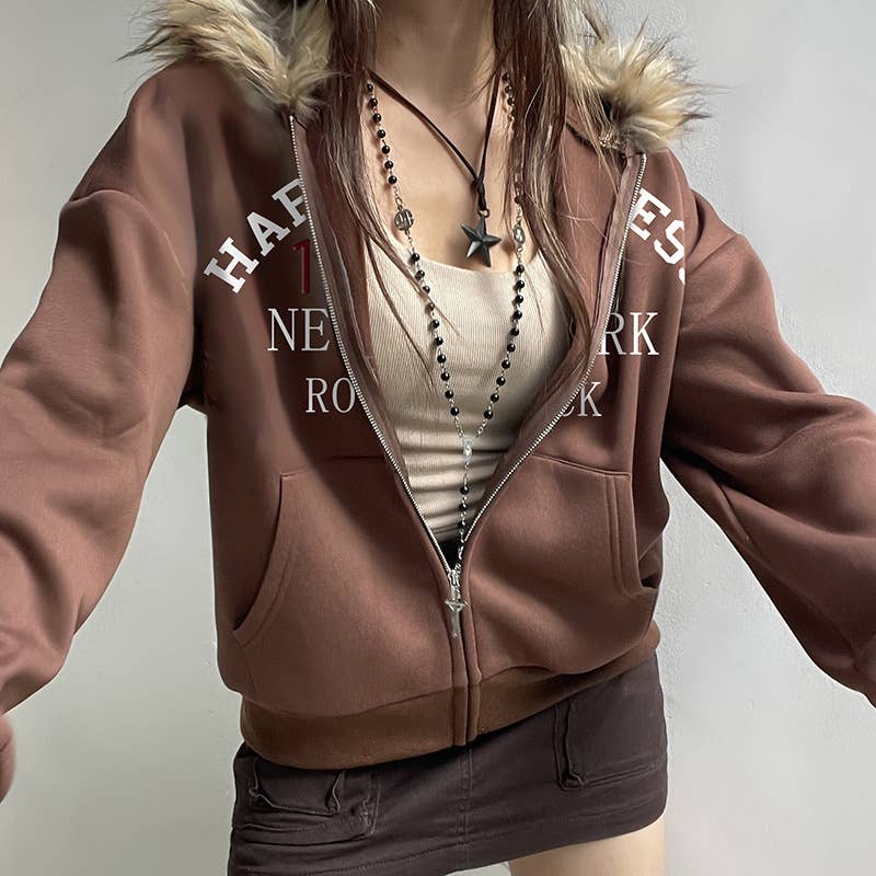 VINTAGE DIGITAL PRINT ZIPPER LOOSE HOODIE COAT