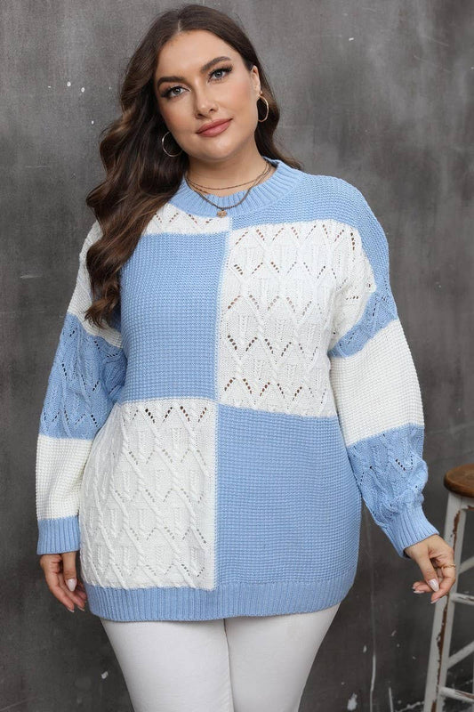 CWOSWL07410_PLUS SIZE WOMEN PLAID COLORBLOCK KNIT SWEATER