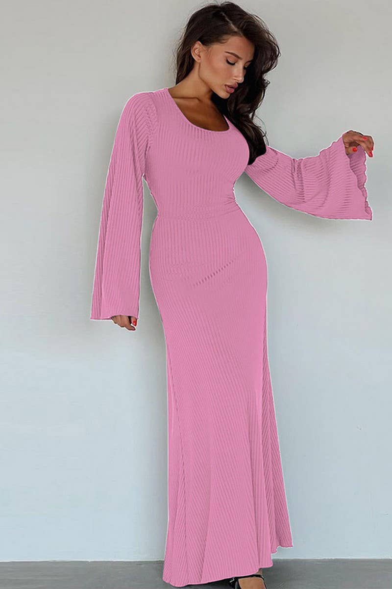 CWDMD4948_OVERSIZED TIE-DETAIL RIBBED LONG SLEEVE DRESS