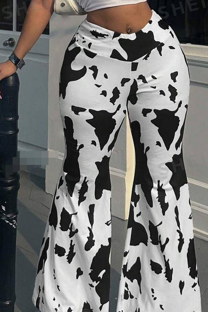 CWBLP1734_COW PRINT HIGH WAIST FLARED CASUAL TROUSERS