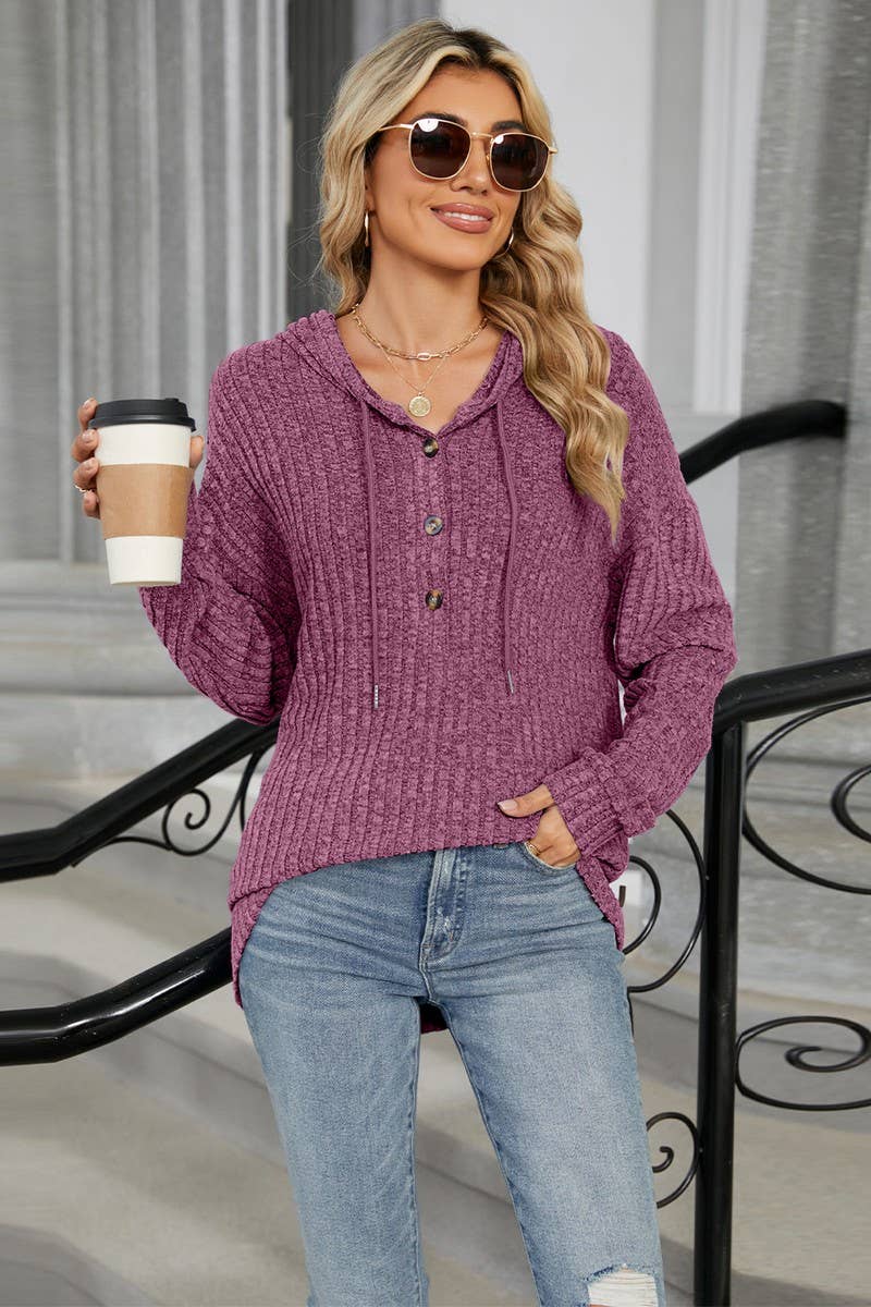 CWOHOL1093_SOLID COLOR HOODED BUTTON LOOSE SWEATSHIRT