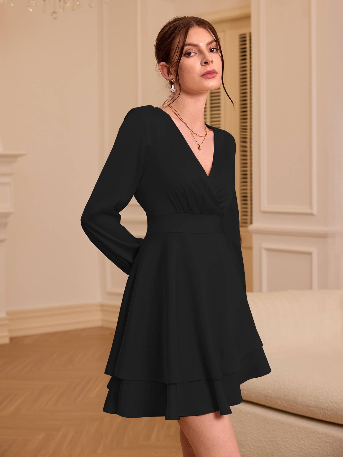 Elegant Satin V-Neck Dress with Puff Sleeves