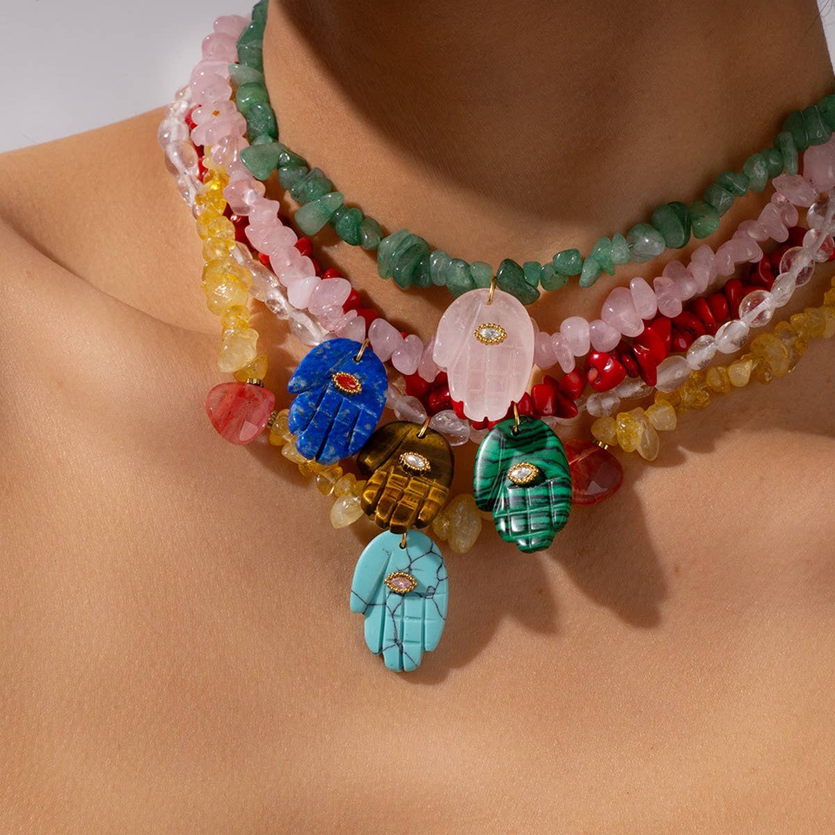 Lapis Tiger Eye Fatima Hand Beaded Necklace_CWMM7533