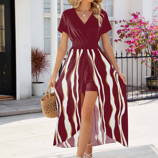 Solid V-neck short sleeve waist tie romper dress