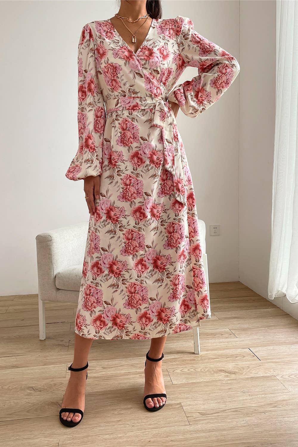 Printed V-neck slit waist-cinching long dress