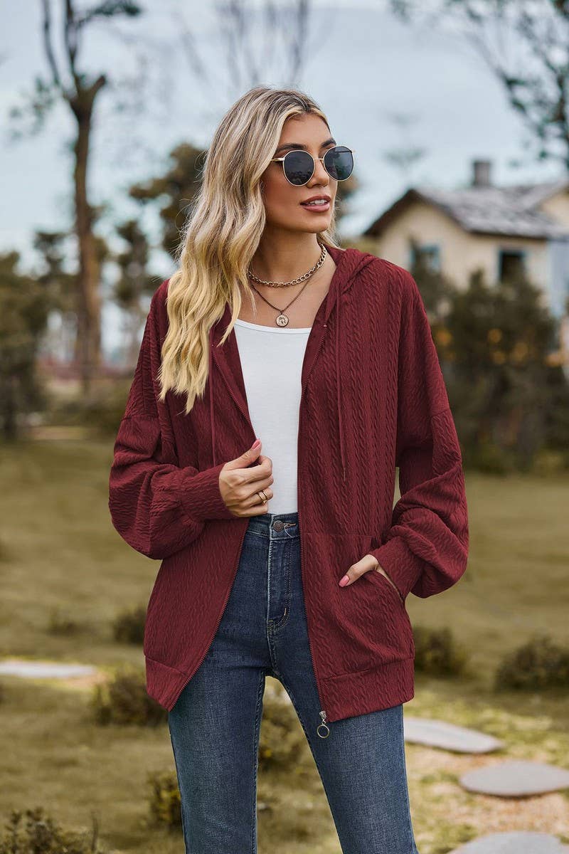 CWOCO0489_SOLID COLOR ZIPPERED MID-LENGTH HOODED COATS