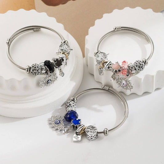 Silver Stainless Steel Evil Eye BFF Bracelet